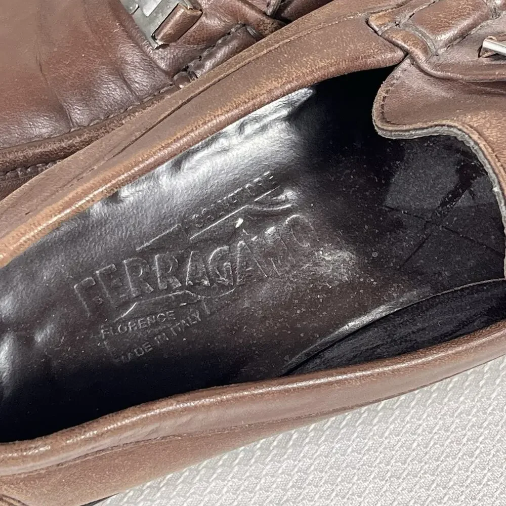 Salvatore Ferragamo Gancini Logo Plate Loafers Brown‎ Leather Men's Size 8.5 D